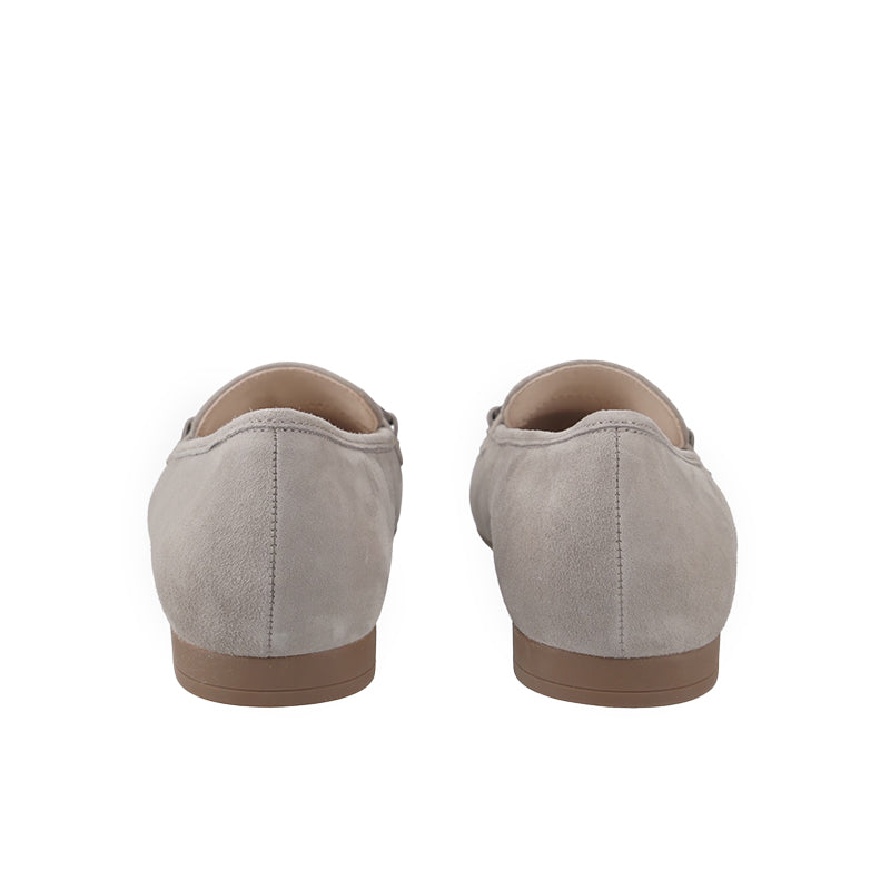 Back view of gray suede women's slip-on loafers with low heel and stitched seams