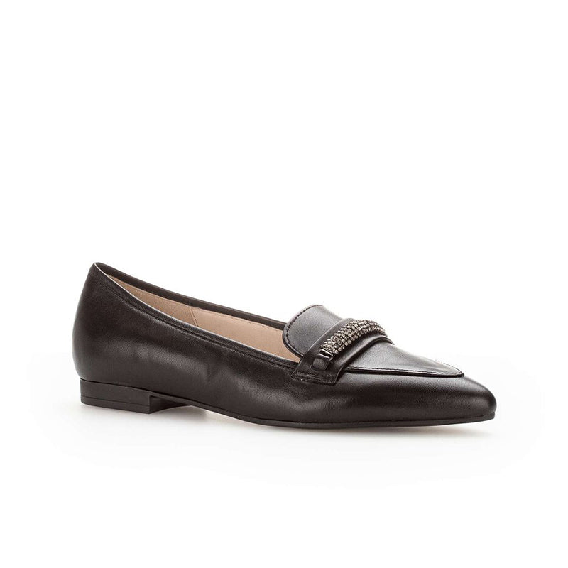 Black leather ballerina flats with rhinestone buckle strap