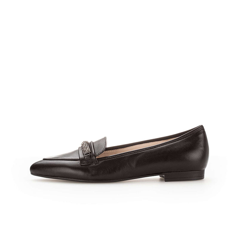 Black leather ballerina flats with jeweled strap and low block heel