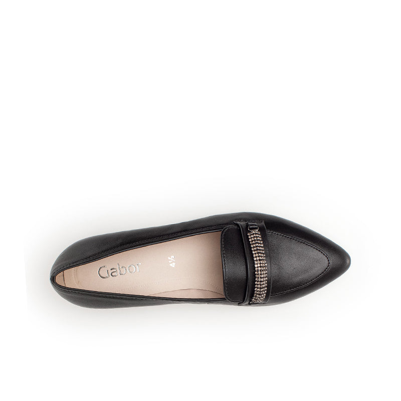Black leather ballerina flats, pointed toe with Gabor logo and jeweled strap