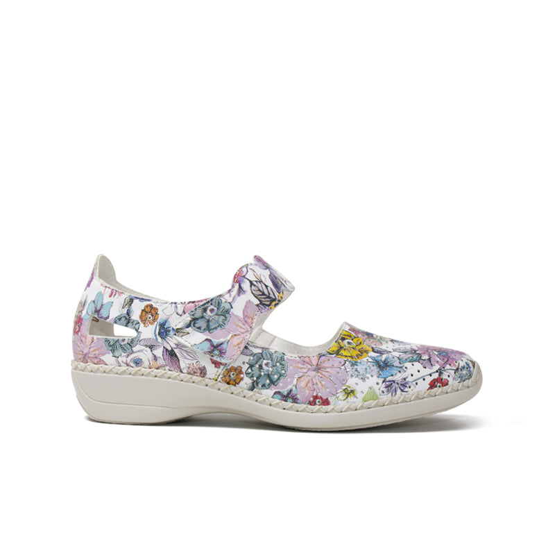 Women's slip-on sandals with multicolour floral fabric upper and cushioned sole