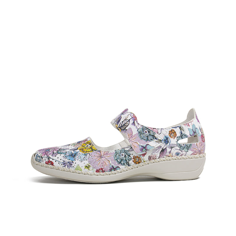 Women's slip-on sandals, multicolour floral fabric upper, low wedge sole