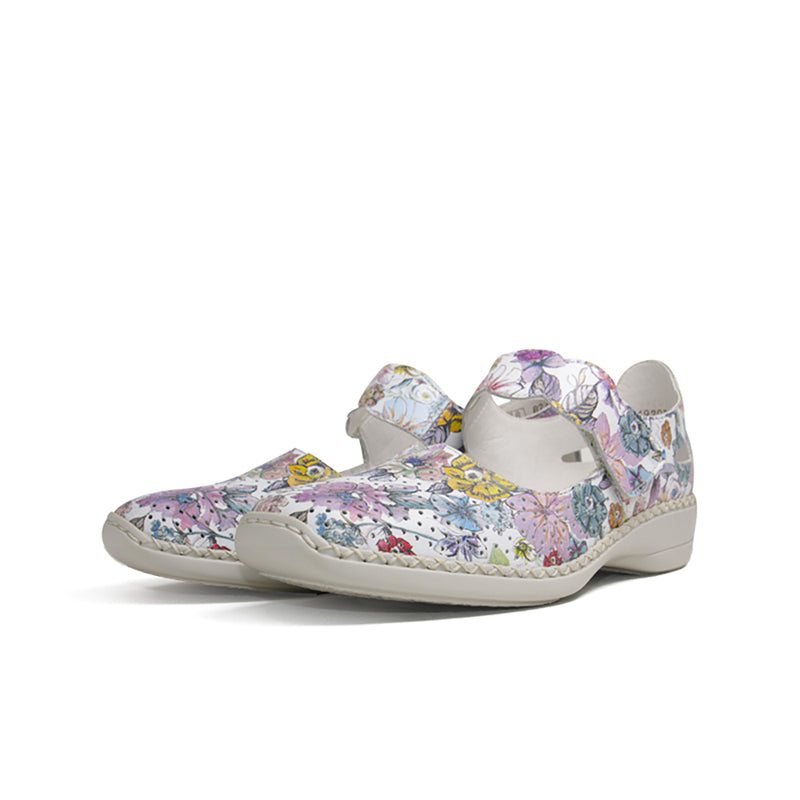 Women's slip-on sandals with multicolour floral fabric upper and open heel collar