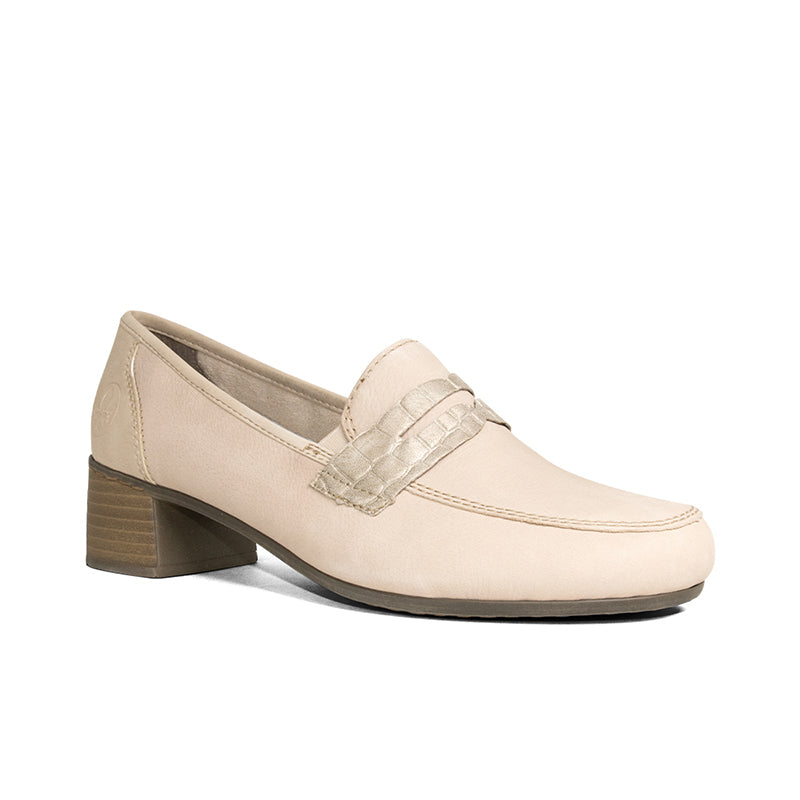 Light beige slip-on pumps with square block heel and stitched moc toe