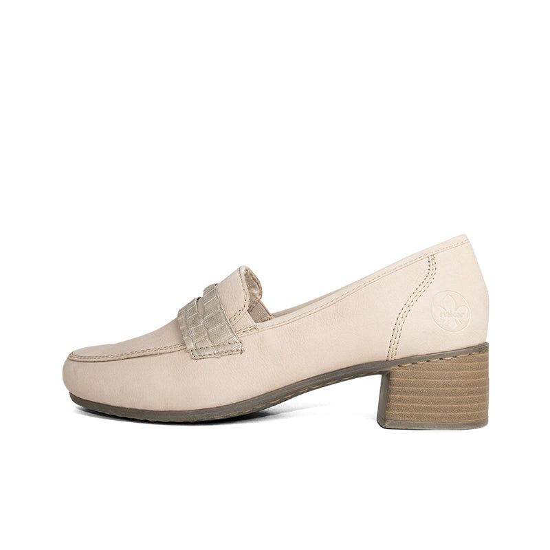 Light beige slip-on pump with block heel and decorative strap detail