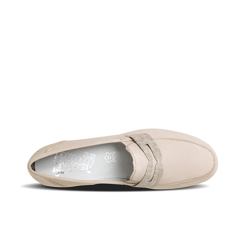 Light beige slip-on pump showing cushioned insole and strap detail