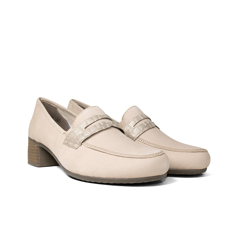 Pair of light beige slip-on pumps with double strap detail and block heel