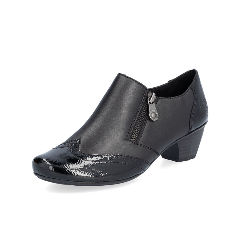 Women's zip casual ankle boots, black leather-look, low block heel, metal zipper