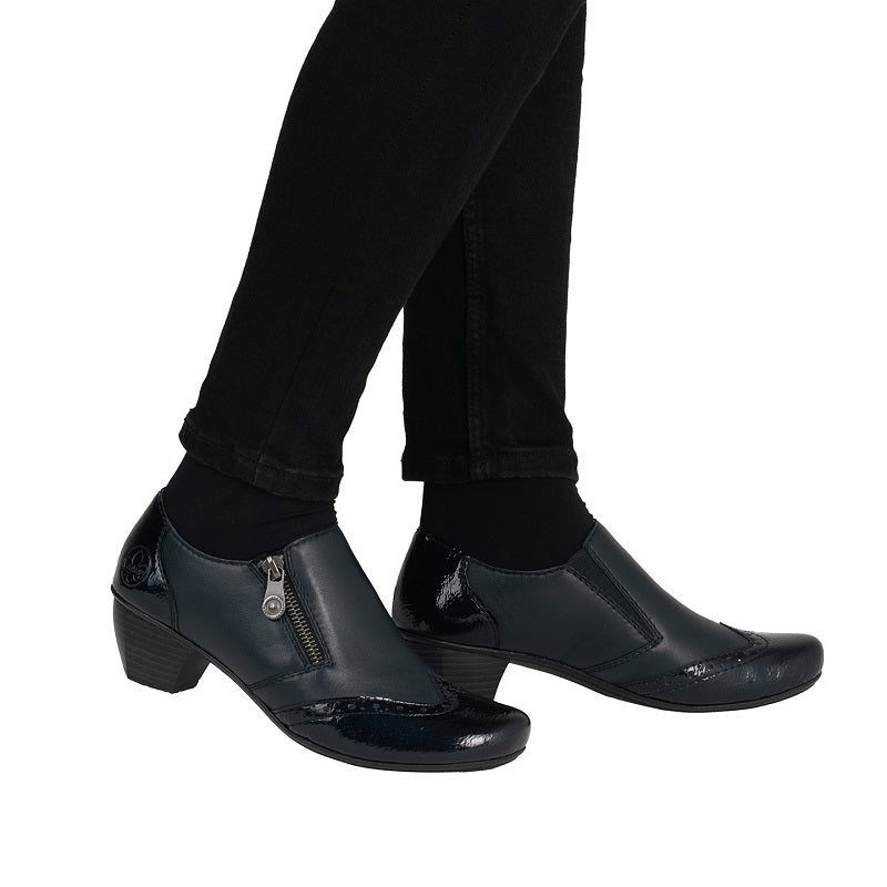 Women's zip casual ankle boots, dark blue leather-look, low block heel with jeans