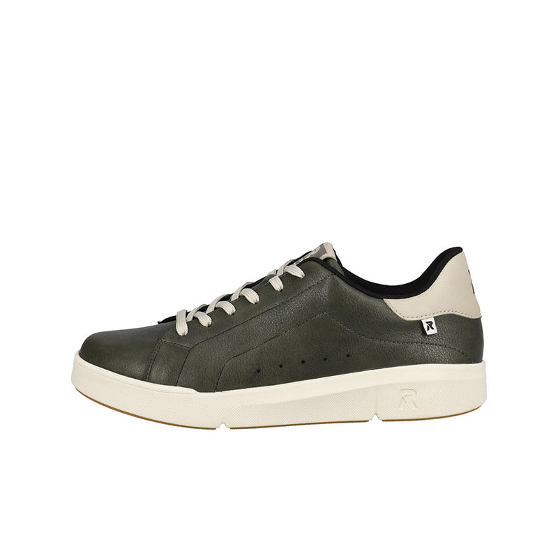 Green leather low-top sneakers with lace-up, perforations, and off-white sole