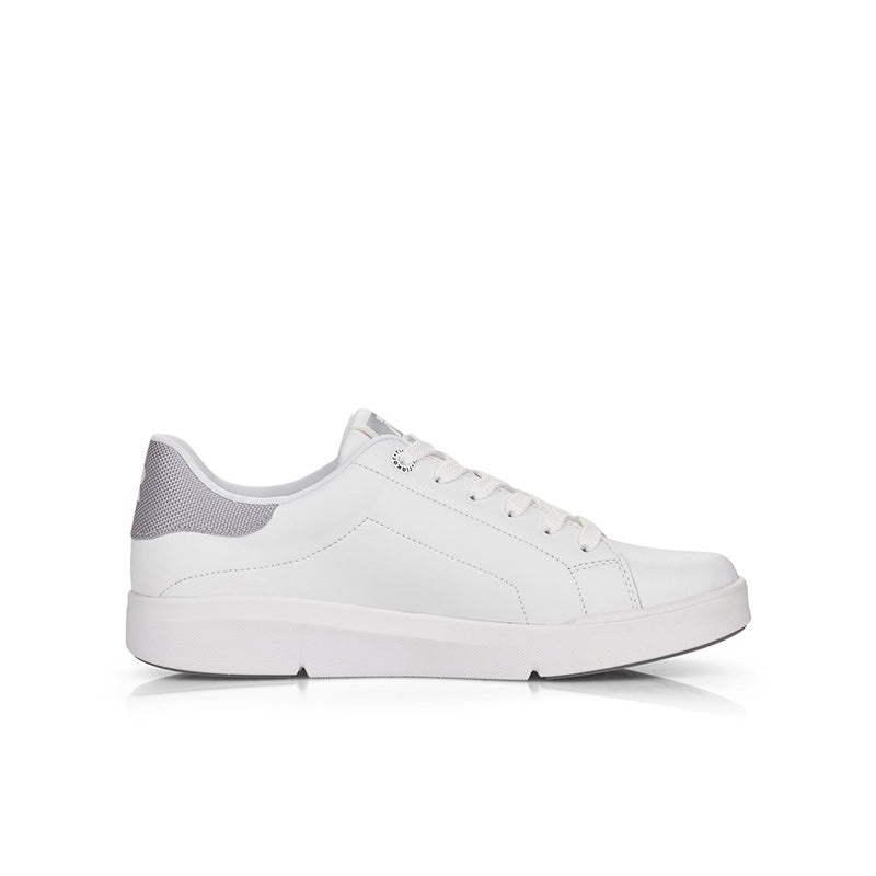 White leather low-top sneakers with lace-up and textured side panel