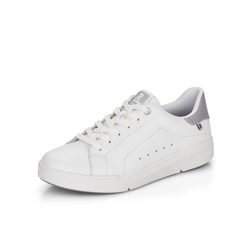 White leather low-top sneakers with lace-up, perforations, and gray collar trim