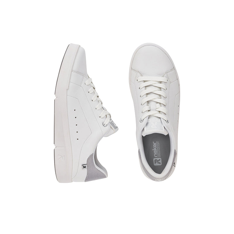 White leather sneakers: side and top views with lace-up and cushioned sole