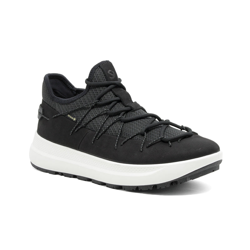Black women's low-top sneakers with lace-up front and white rubber sole