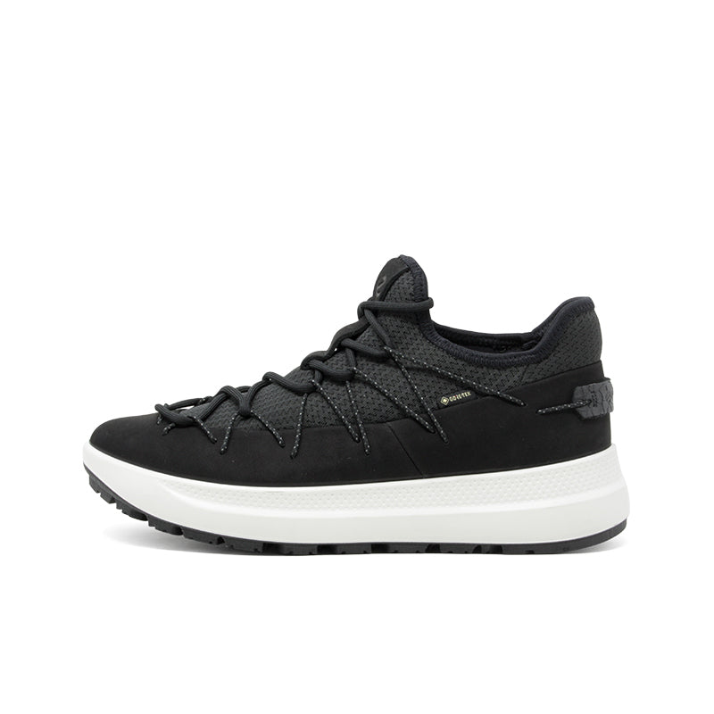 Black low-top lace-up sneaker with textured upper and white midsole