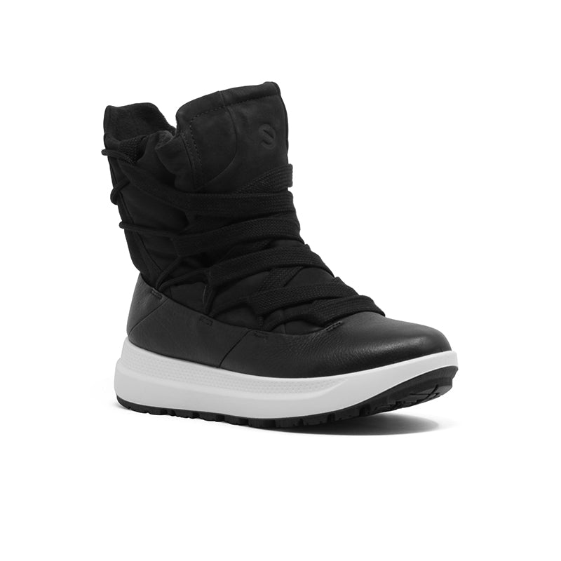 Black mid-top winter boot with lace-up and padded collar, white rubber sole