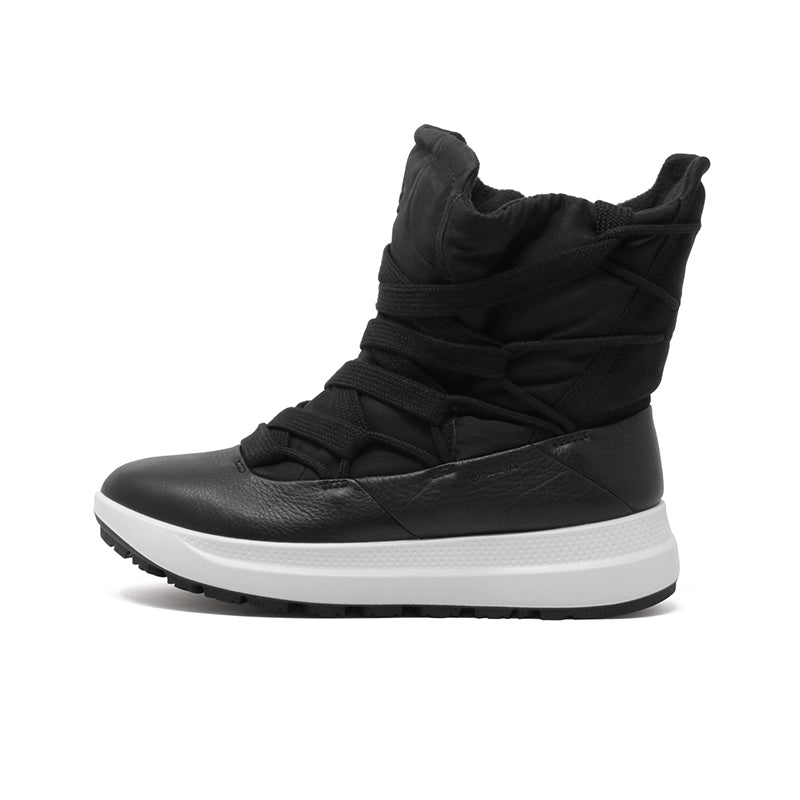 Black mid-top lace-up snow boot with side logo, padded tongue and white sole