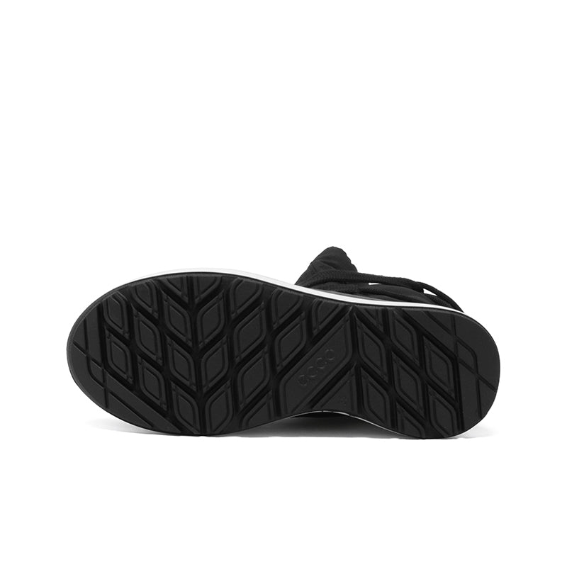Black winter boot outsole with tread pattern and white midsole edge