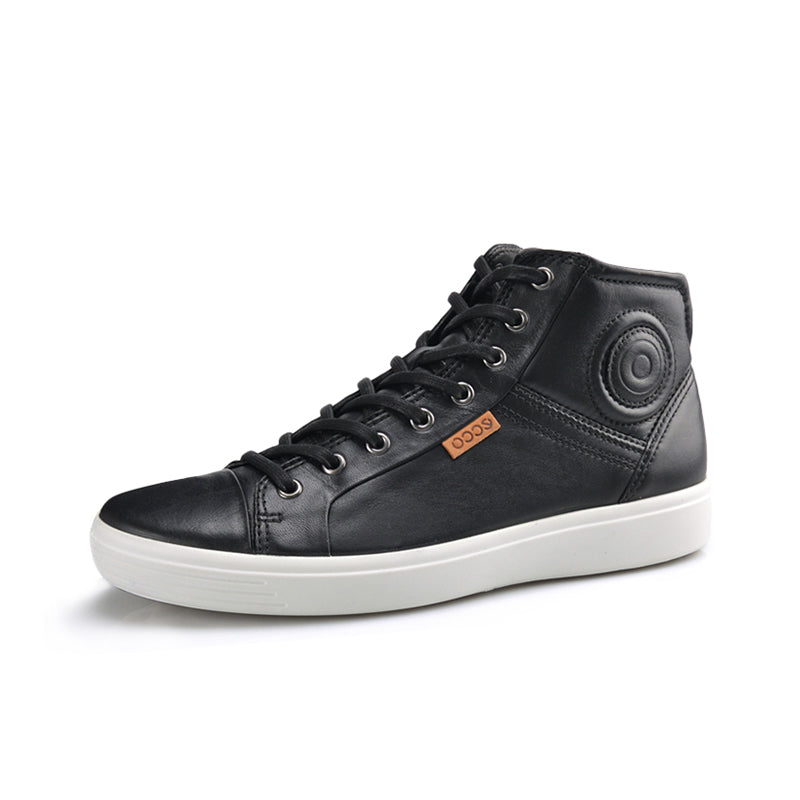 Black leather lace-up high-top sneakers with circular side logo and white sole