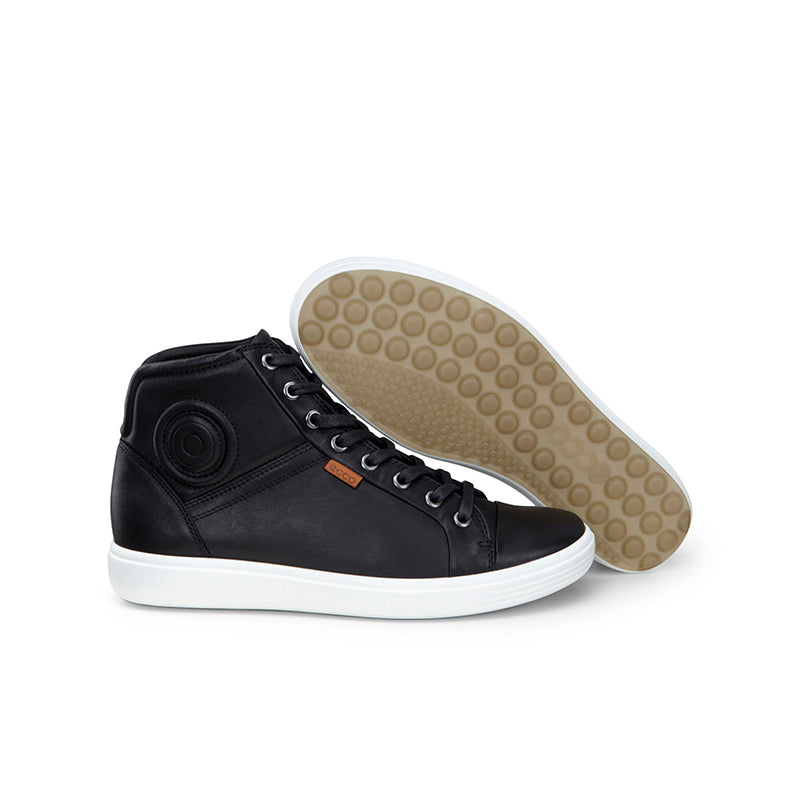Black leather lace-up high-top sneakers with tan tread outsole