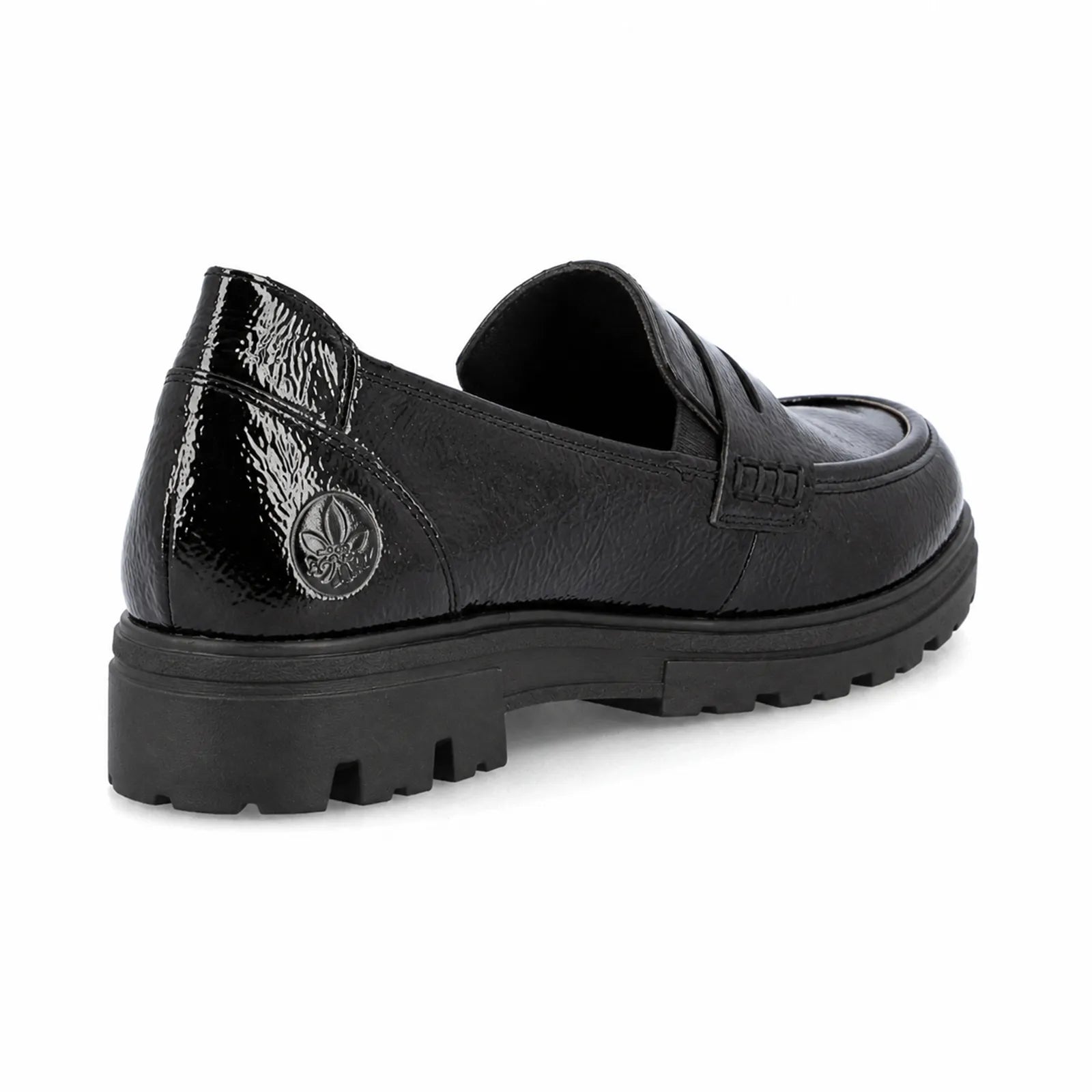 Rieker women's black patent loafers side angle view showing classic loafer design and chunky PU sole
