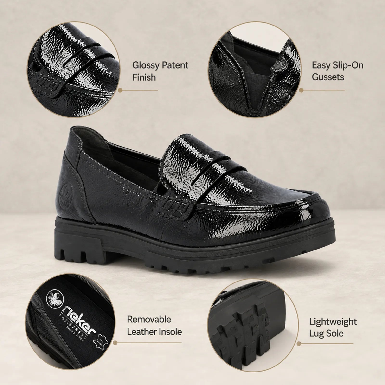 Rieker women's black patent loafers close up detail showing glossy synthetic upper and durable outsole