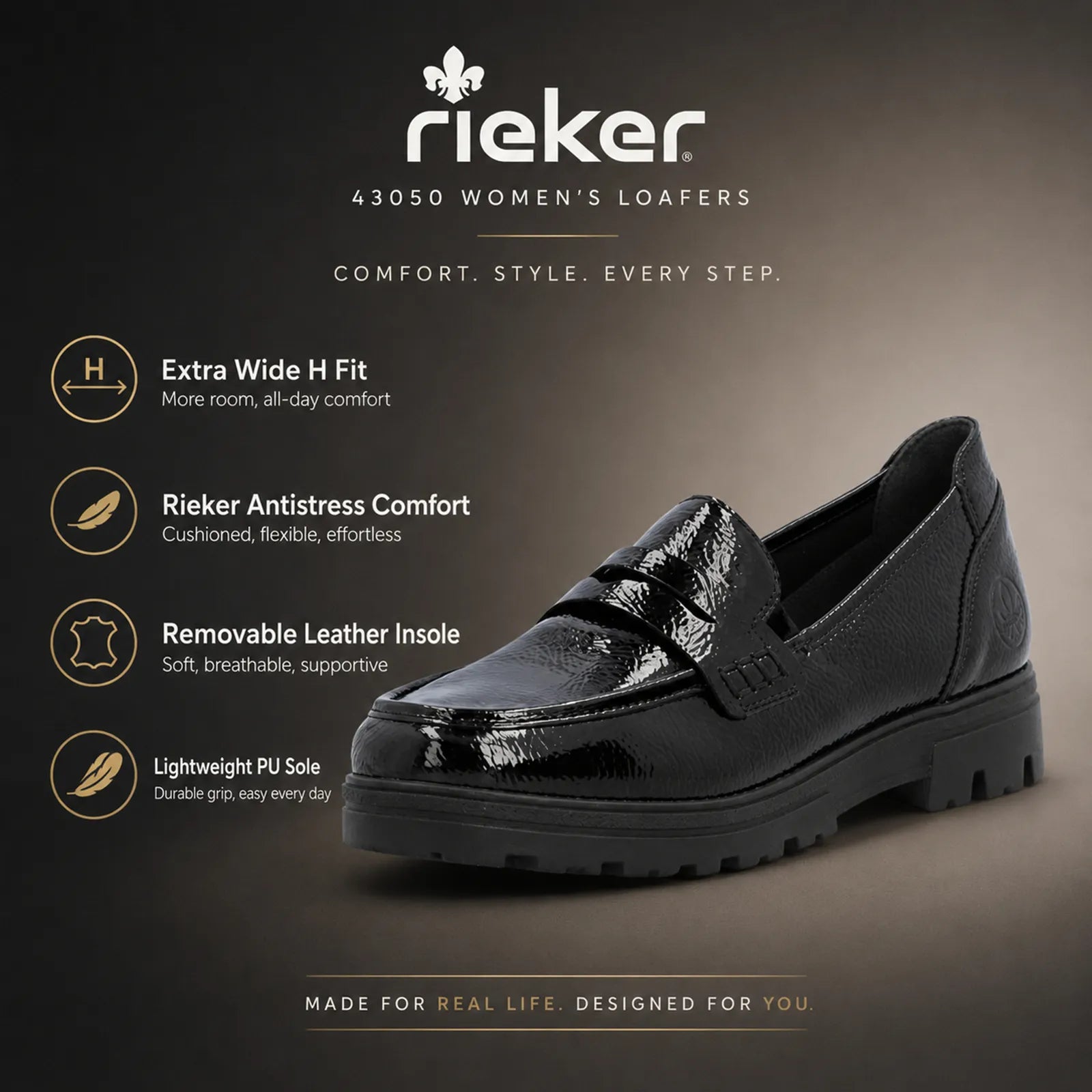 Rieker women's black patent loafers showing removable leather insole, elasticated gussets and Antistress comfort features