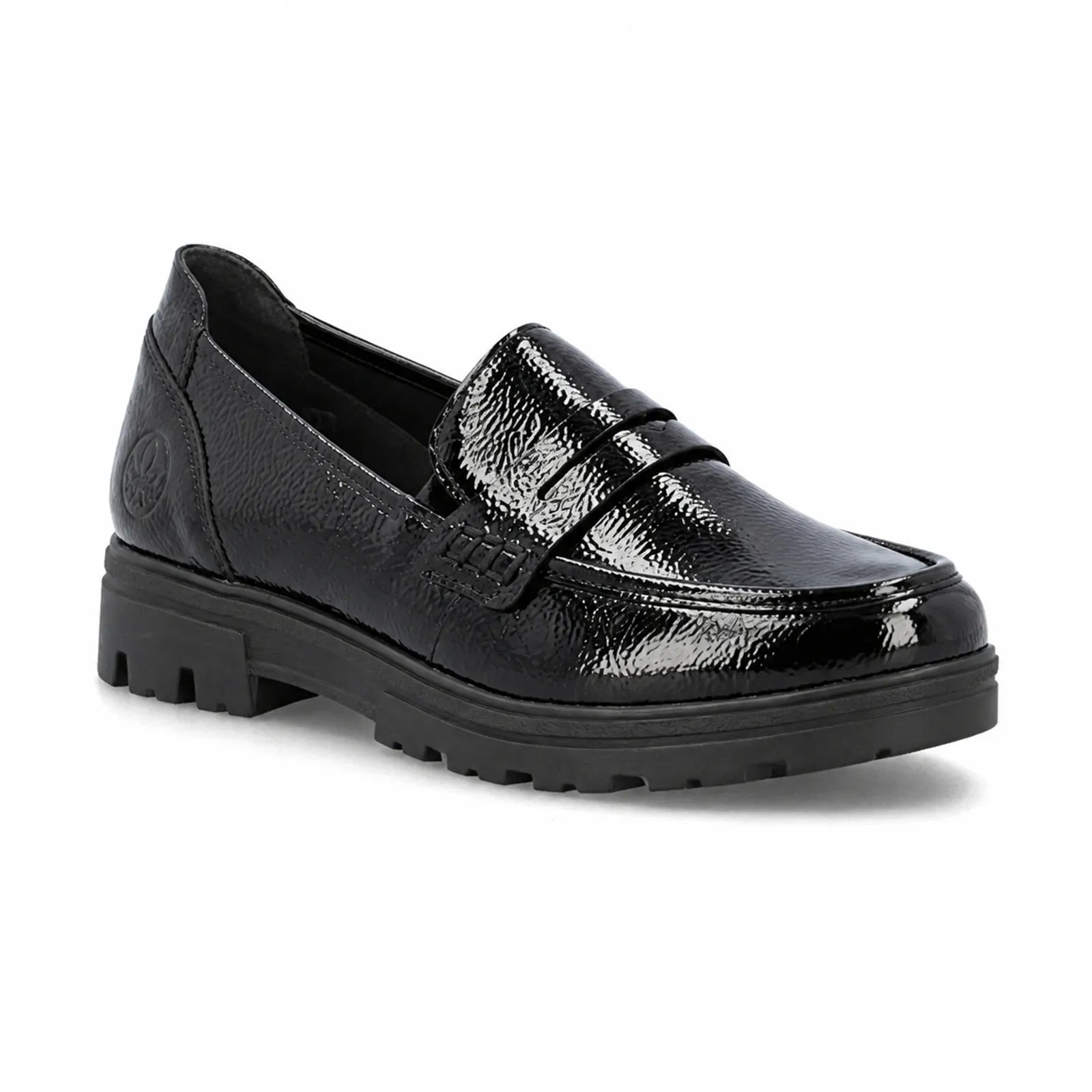 Rieker women's black patent loafers with extra wide H fit and lightweight PU sole, main product view