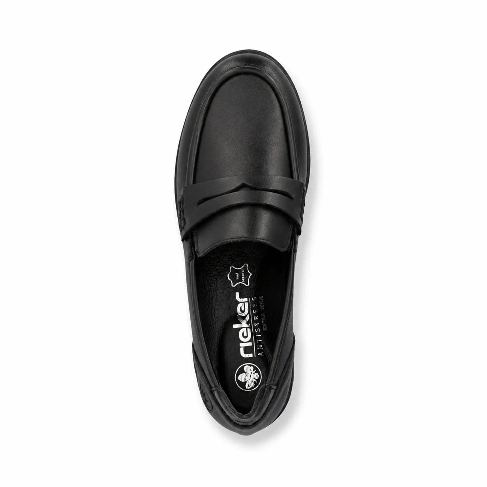 Rieker women's black loafers side angle view showing classic loafer design and chunky PU sole