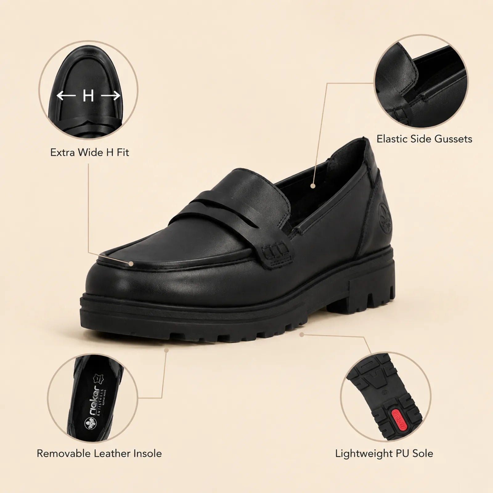Rieker women's black loafers close up detail showing synthetic upper and durable outsole