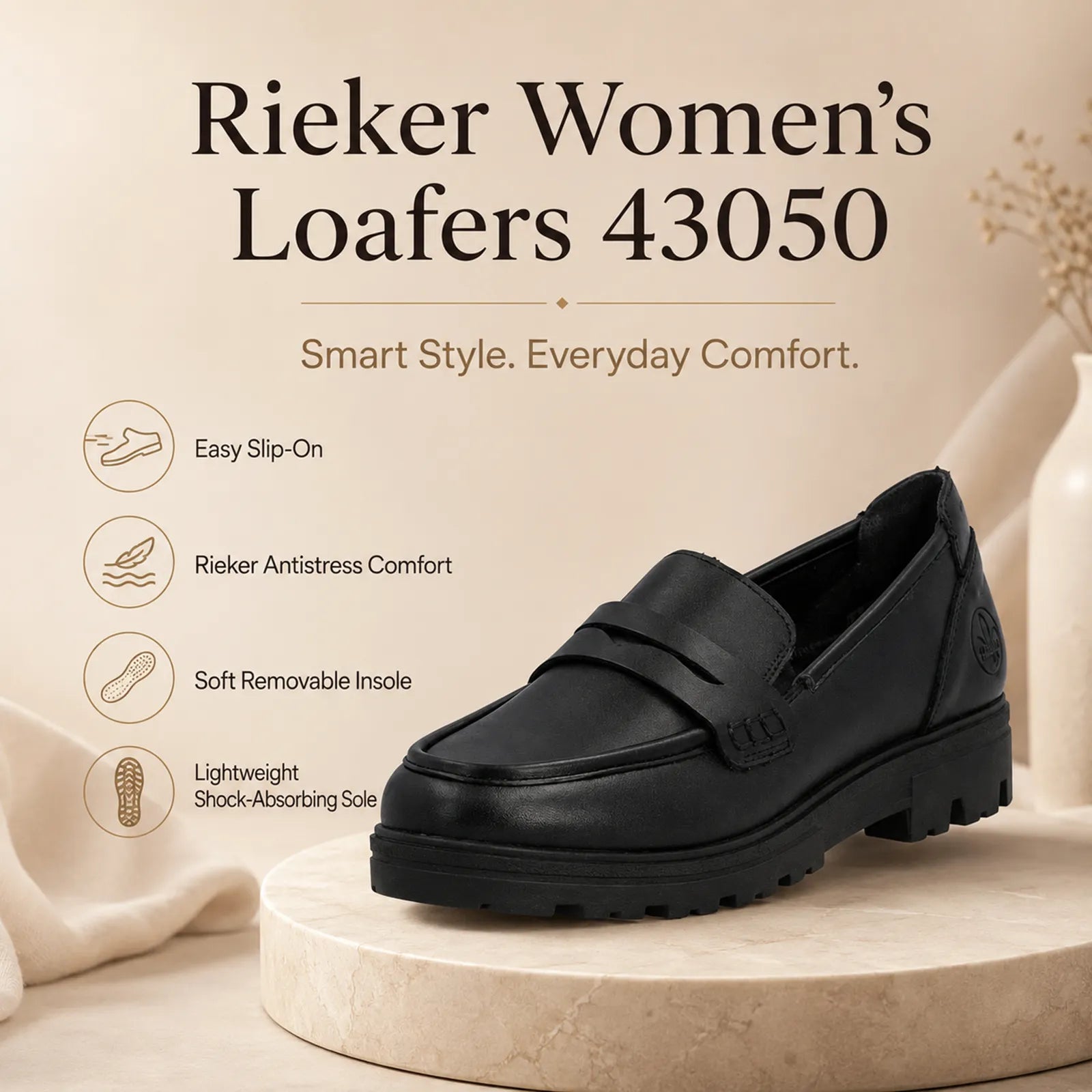 Rieker women's black loafers showing removable leather insole, elasticated gussets and Antistress comfort features