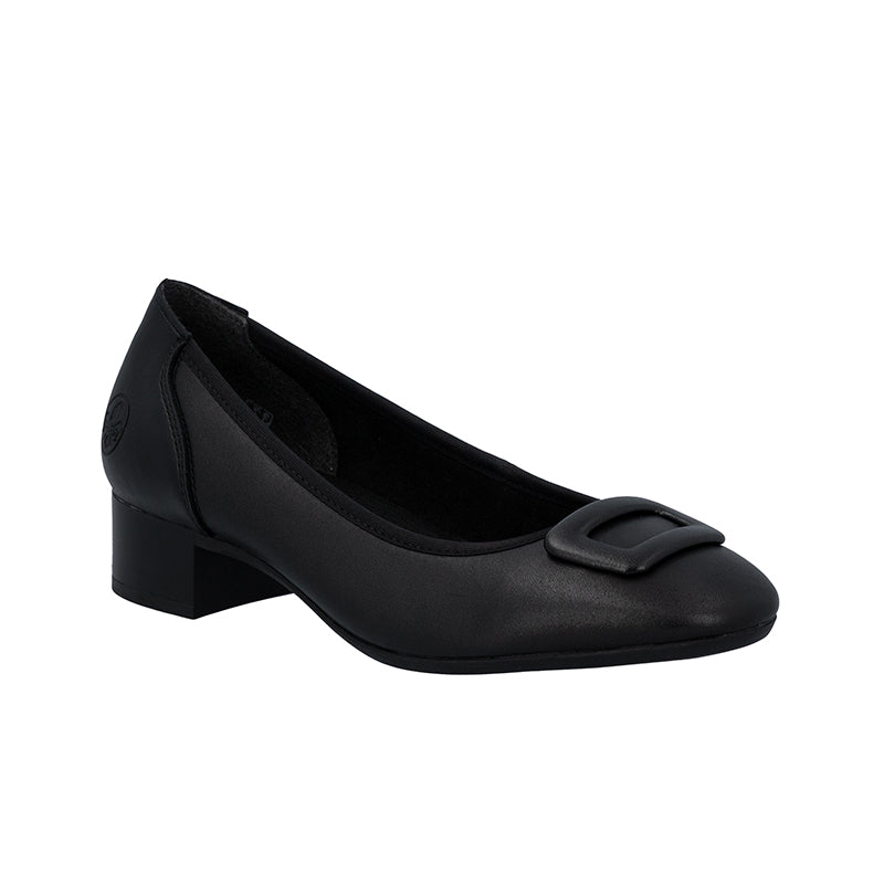 Black women's leather pumps with square toe and buckle strap, low block heel