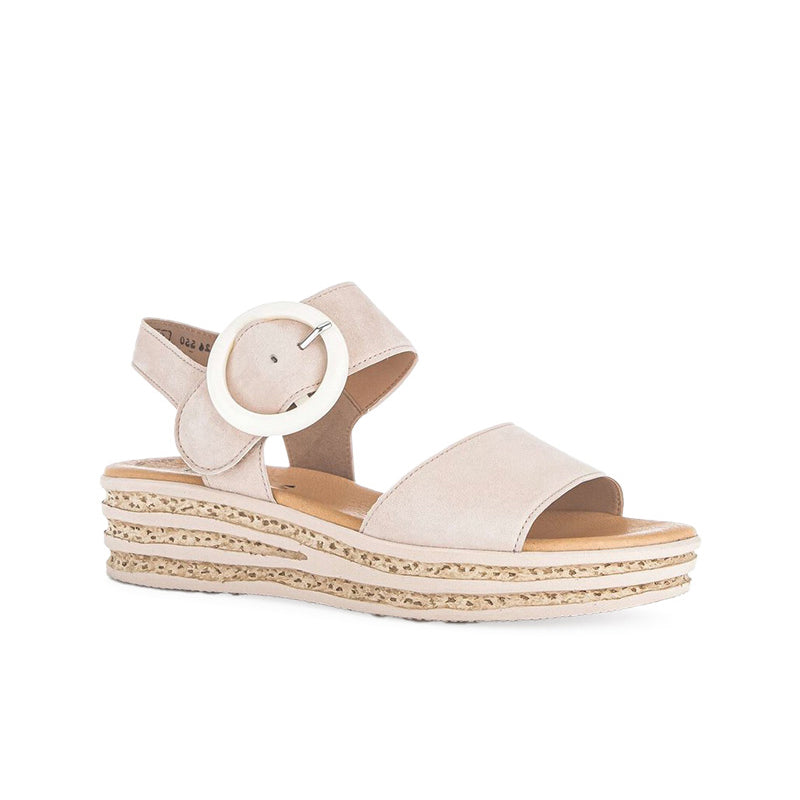 Women’s leather platform sandals, beige suede straps with round buckle and striped wedge sole