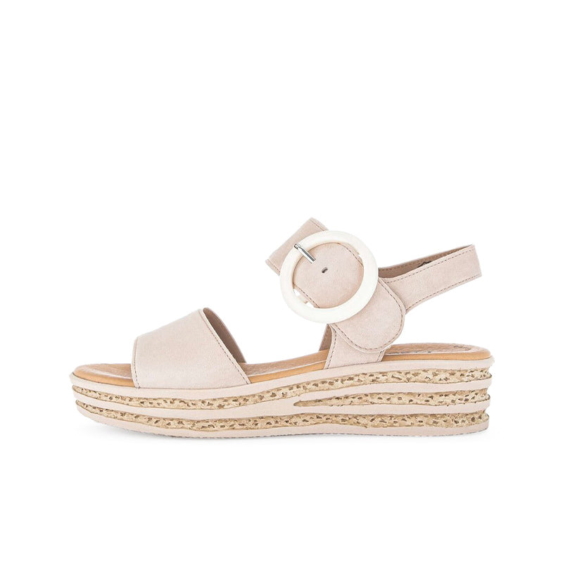 Women’s leather platform sandals in beige, round buckle strap and striped stacked wedge sole