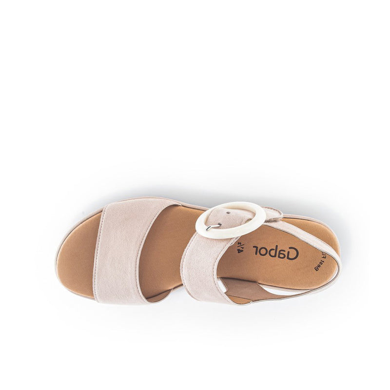 Women’s leather platform sandals in beige, open-toe design with round buckle detail