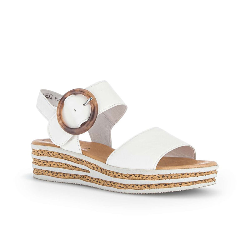 Women’s leather platform sandals in white, round buckle strap and striped stacked wedge sole