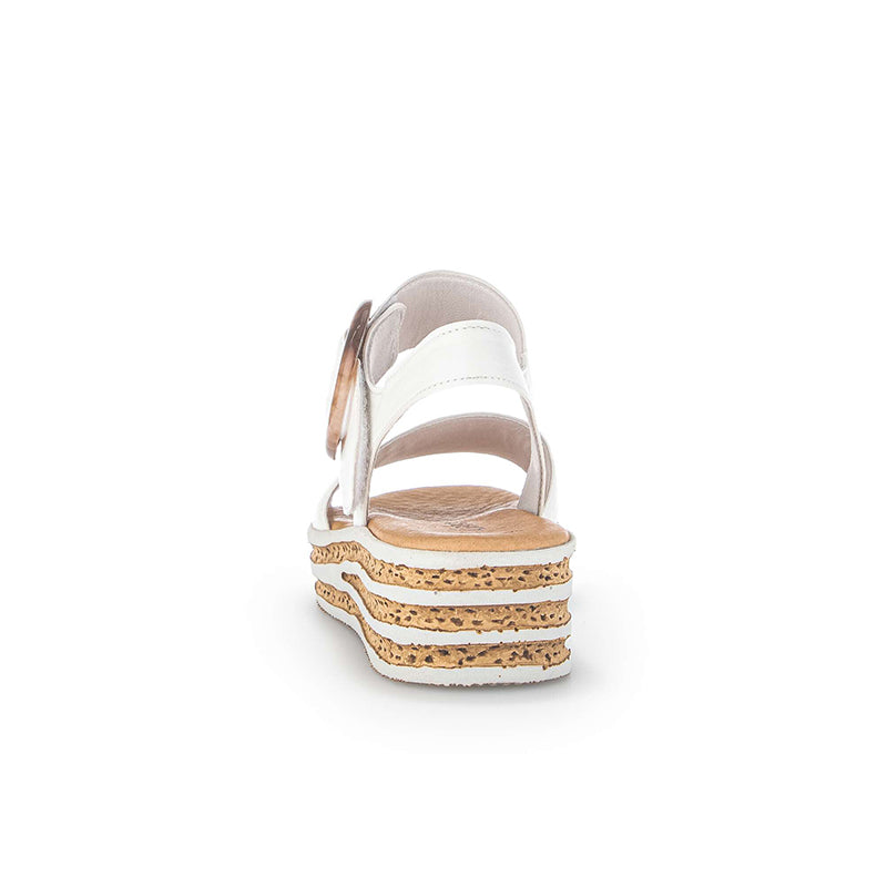 Women’s leather platform sandals in white, back view with open toe and striped wedge midsole