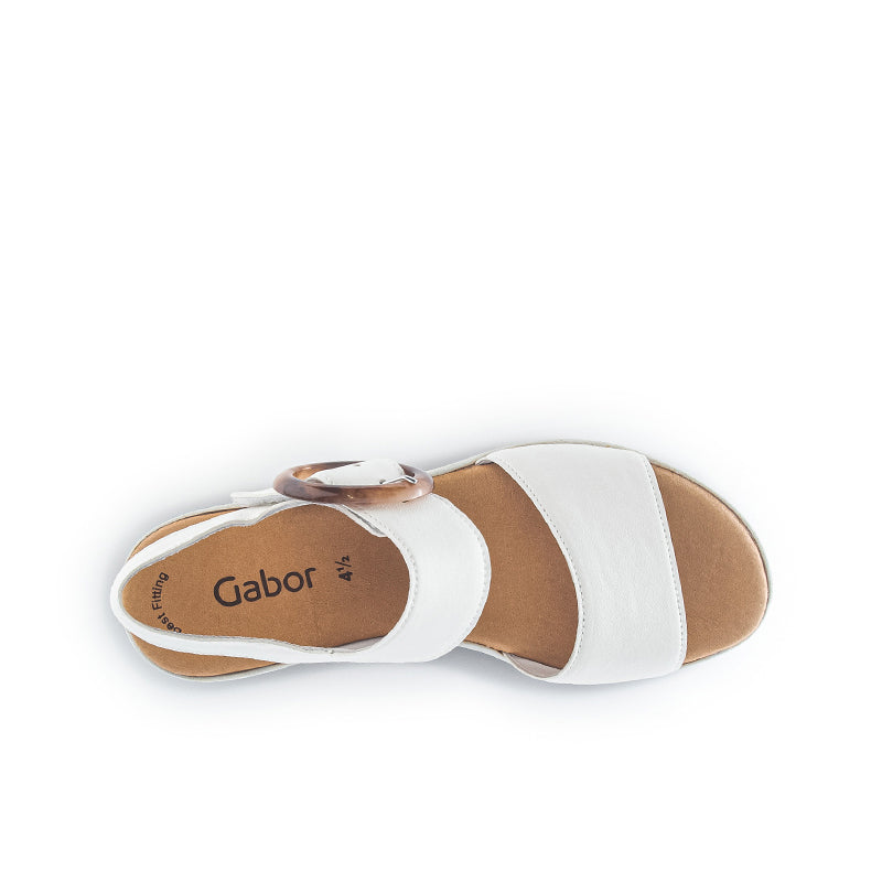 Women’s leather platform sandals in white, top view with round buckle strap and open toe