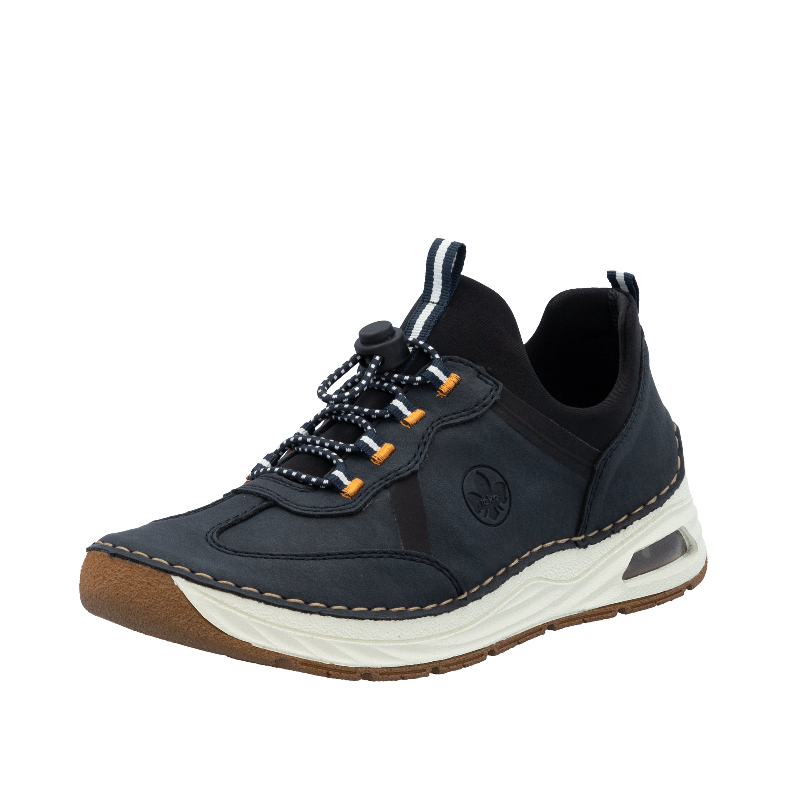 Navy lace-up sneakers with cushioned white sole and orange accent eyelets