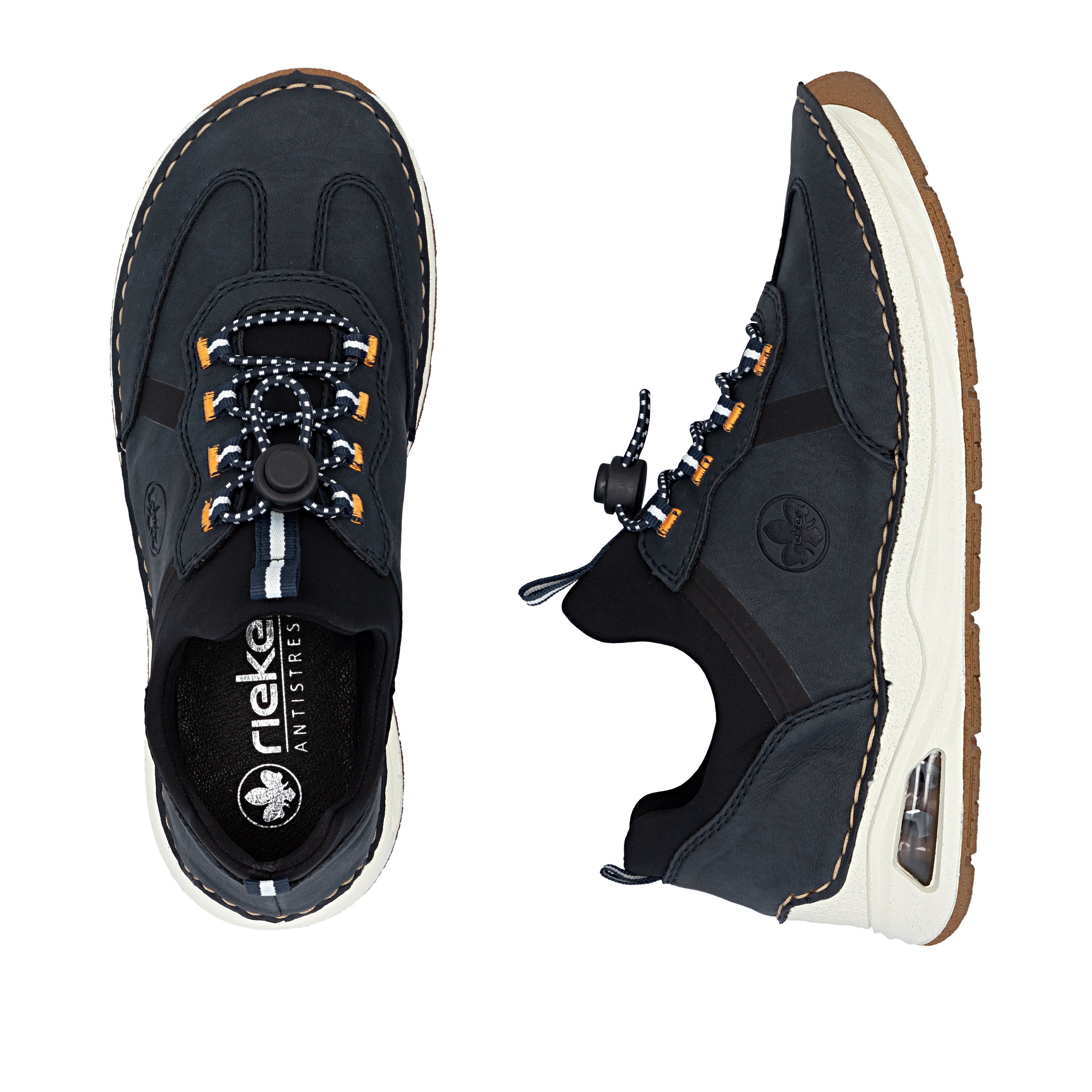 Navy sneakers with laces, logo patch, and white outsole