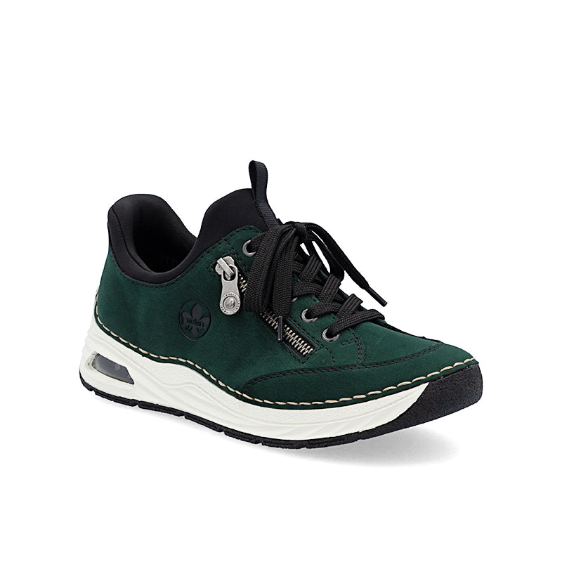 Dark green lace-up slip-on loafers with black collar and white cushioned sole
