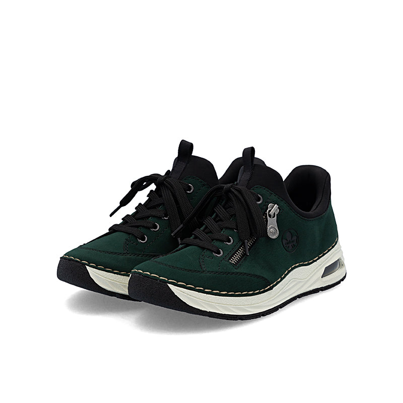 Pair of dark green athletic loafers with black laces and white sole, side view
