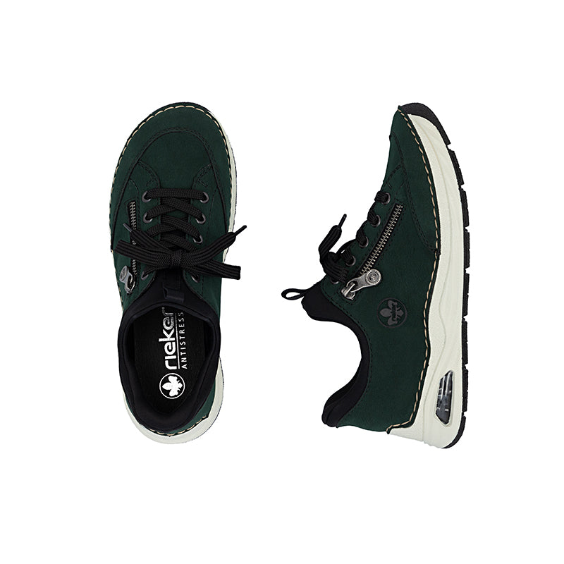 Dark green lace-up loafers with black trim and white sole; side and front views