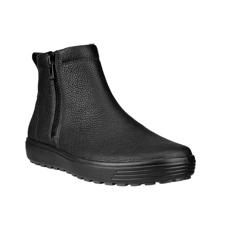 Black leather mid-cut boots with side elastic panels and rugged tread sole.
