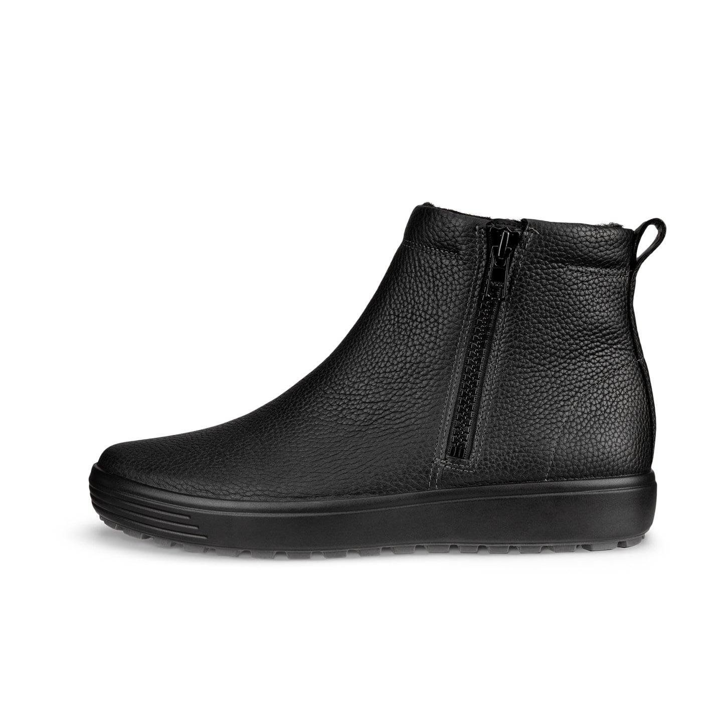 Black leather ankle boots with zipper closure and low-profile tread sole.