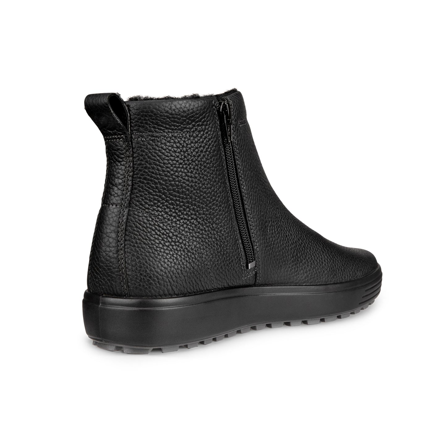 Black leather mid-cut boots with side zipper and chunky tread sole.