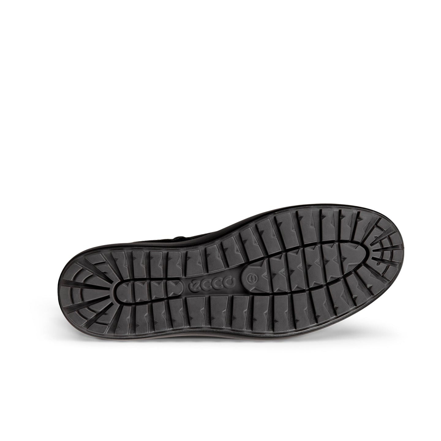 Black boot outsole with deep tread pattern for traction.