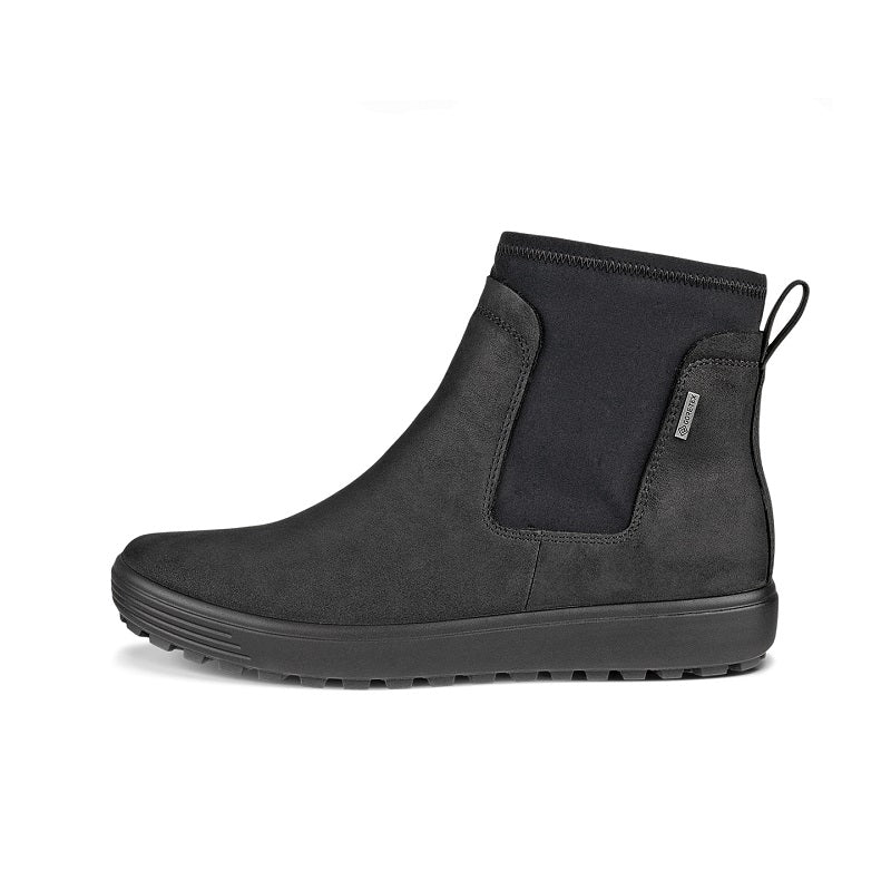 Black women's Chelsea boot side view with pull tab and elastic gore
