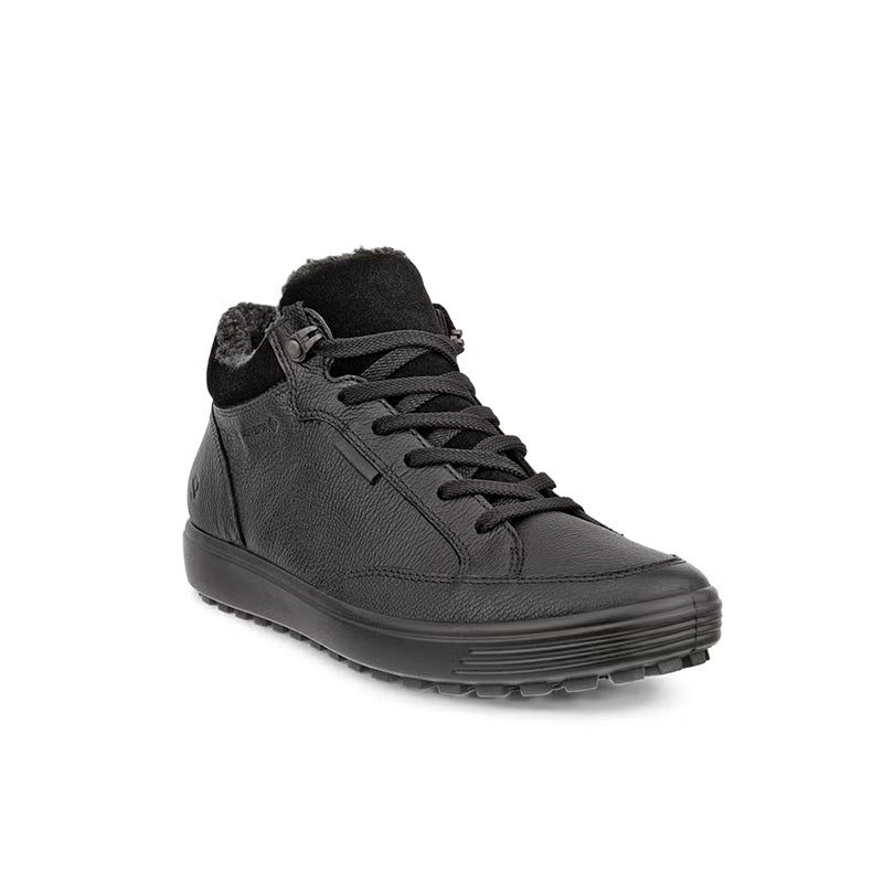 Women’s mid-cut black nubuck lace-up boots with padded collar and fur lining