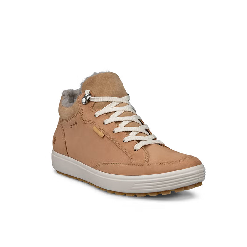 Women’s mid-cut tan nubuck lace-up boots with padded collar and fur lining